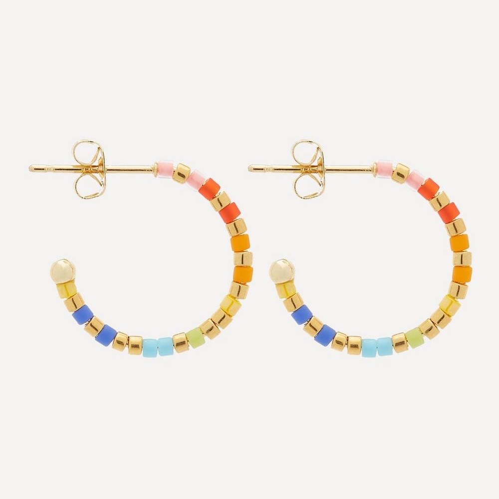Gold-Plated Rainbow Beaded Hoop Earrings